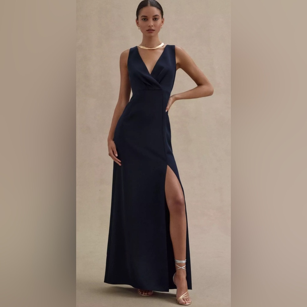 NWT - BHLDN Piper V-Neck Side-Slit Satin Gown - size 12 - Navy